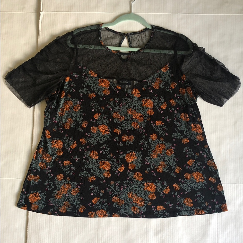 Modcloth Dark Romantic Floral Mesh Yoke Women's Top in Black and Orange 2X